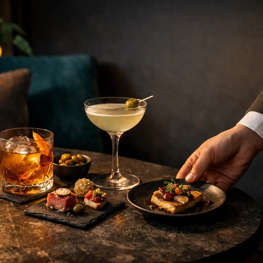 Két ital és gondosan tálalt falatok egy elegáns lounge-asztalon, figyelmes felszolgáló kezével
