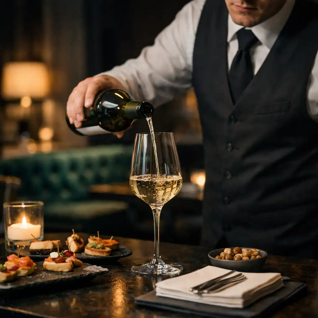 Felszolgáló italt tölt elegáns lounge-asztalnál