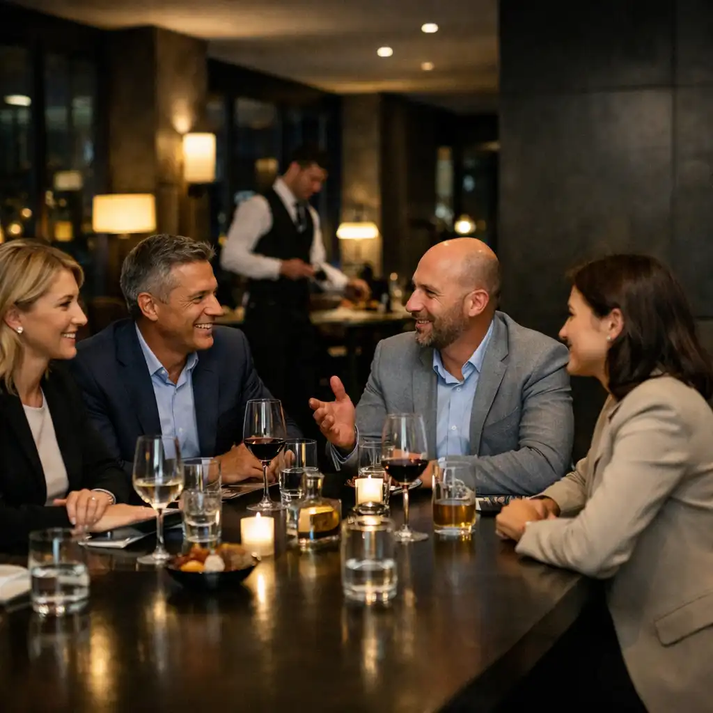 Kisebb elegánsan öltözött üzleti társaság beszélget rendezett lounge-asztalnál