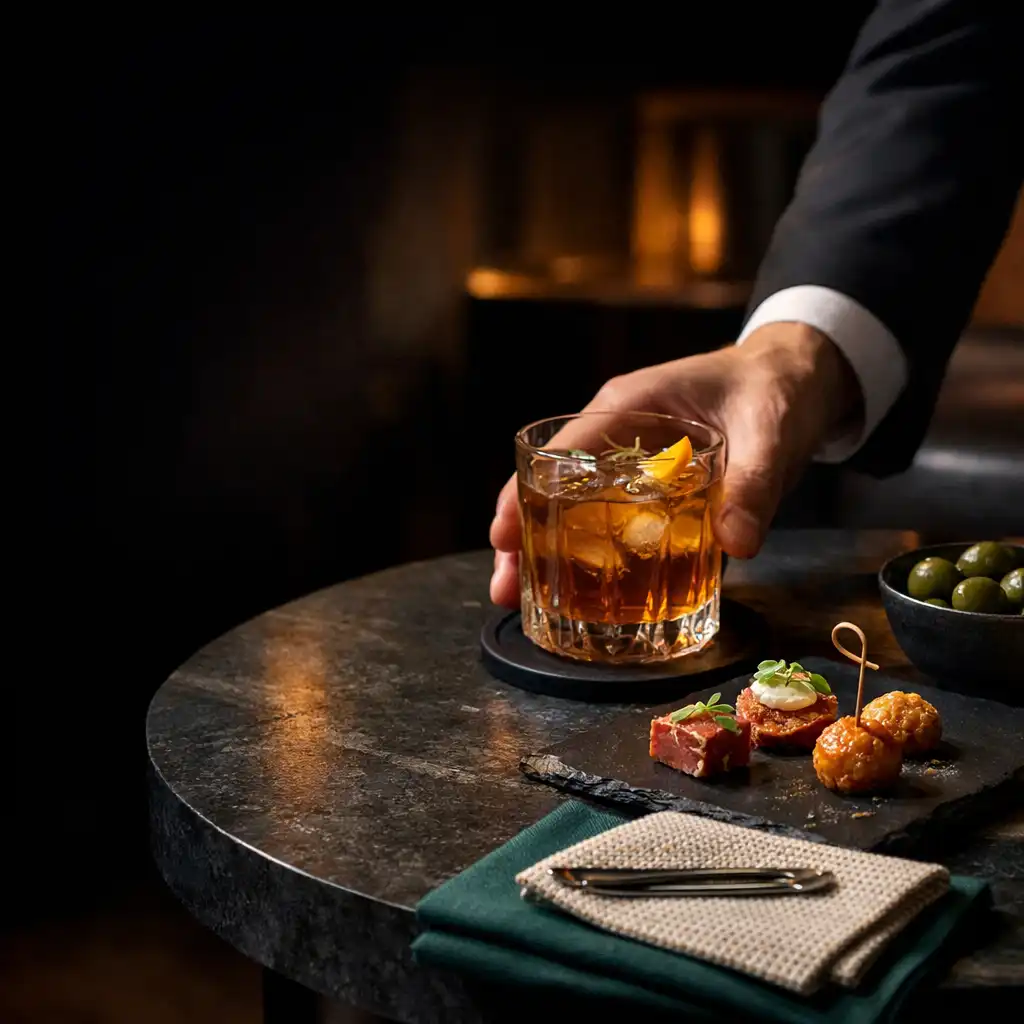 Felszolgáló italt helyez egy elegánsan rendezett lounge-asztalra